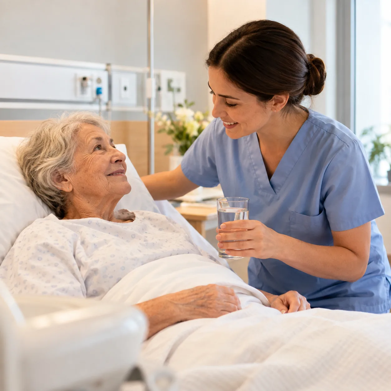 Una cuidadora le alcanza un vaso de agua a una señora internada en una habitación de hospital