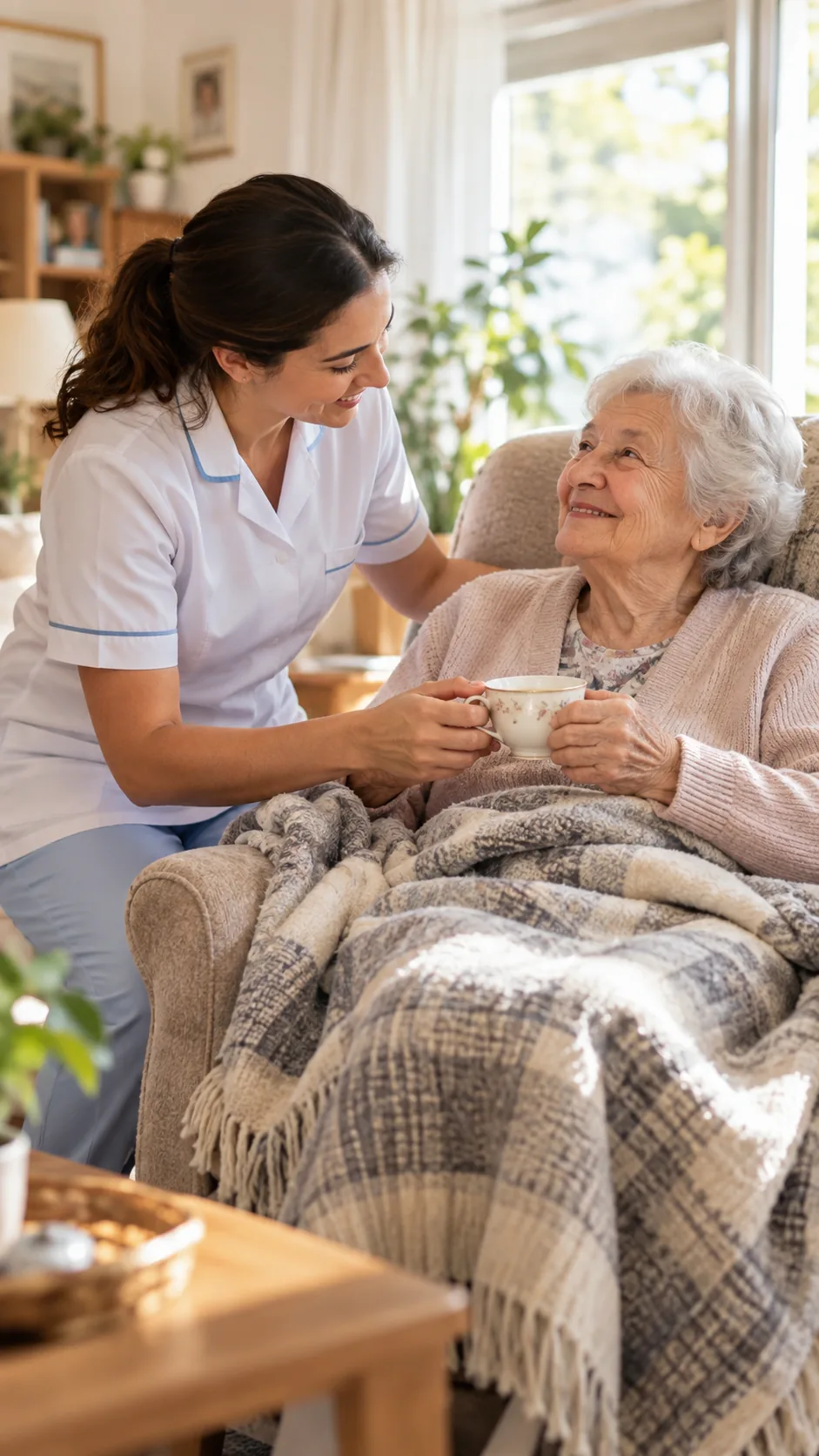 Una cuidadora le alcanza una taza de té a una señora abrigada con una manta en su sillón